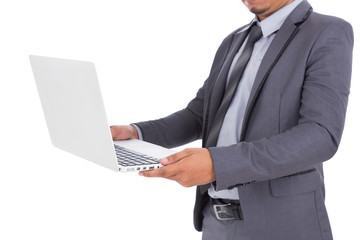 business man in suit with laptop isolated on white background