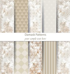 Damask patterns set collection Vector. Baroque ornament on modern abstract background. Vintage decor. Trendy color fabric textures