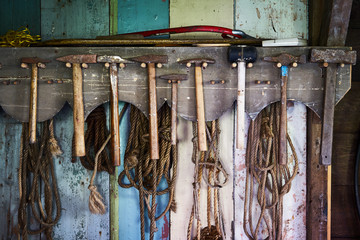 Old hammers and ropes in the tool shed
