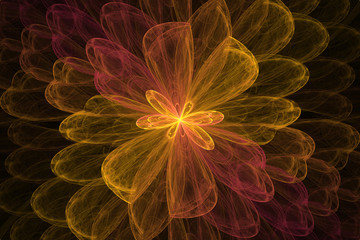 Bright abstract fractal red and yellow flowers, Fractal flowers fantasy