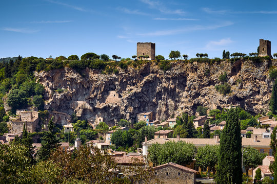 View of the Falaise of Cotignac, escarpment with once inhabited caves, Provence