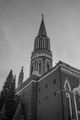 The architecture of the old city and the view of the towers of the Moscow Kremlin in black and white. Moscow, Russia. June 2, 2015.