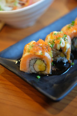 Grilled salmon fish sushi in restaurant