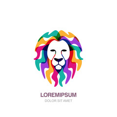 Vector hand drawn lion head logo icon or emblem design template. Creative illustration of animal colorful head isolated on white background.