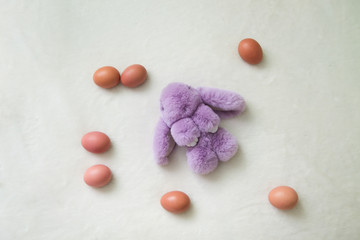 Flatlay: lilac bunny with brown eggs on a white background
