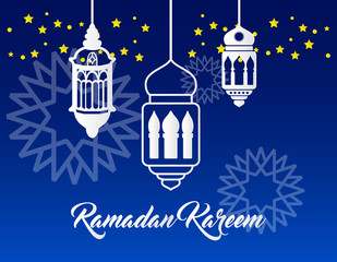 beautiful ramadan kareem background with paper art style on blue background