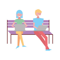 young woman and man sitting on the bench with their laptop vector illustration