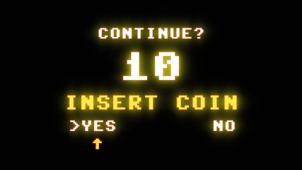 A Game Over screen followed by the request to insert a coin to continue playing. 8-bit retro style, high glowing aura.
 - Powered by Adobe