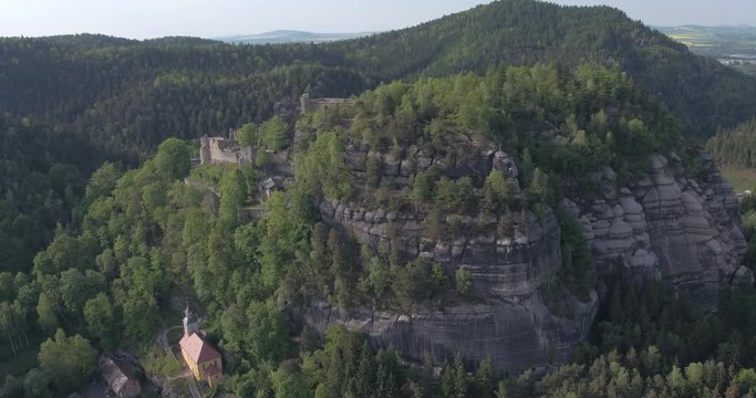 Oybin Zittauer Gebirge - Drone moving around over beautiful Landscape - Germany Saxony 4k