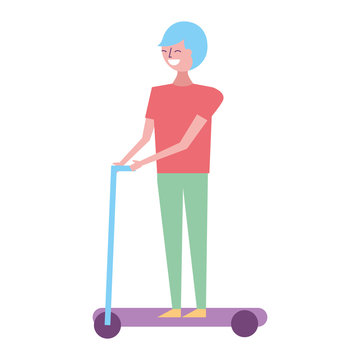 young man riding electric kick scooter vector illustration