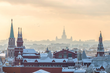 Moscow, Russia - March 20, 2018: A view of the snow-covered Moscow during sunset