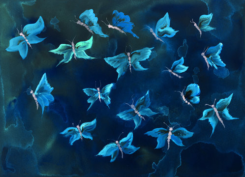Flying blue butterflies. The dabbing technique gives a soft focus effect due to the altered surface roughness of the paper.