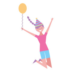 happy jumping woman with party hat holding balloon vector illustration