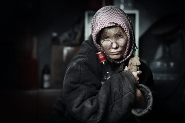 Woman with a bottle of vodka and crust of bread.