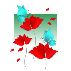 Bright paper-cut style 3d vector card green background. Red flowers, blue butterflies, happy, love, flora, design, wallpaper, pattern, tulip, rose, poppy, background, bright, bouquet, field, frame