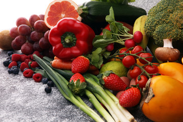 Composition with variety of raw organic vegetables and fruits. Balanced diet