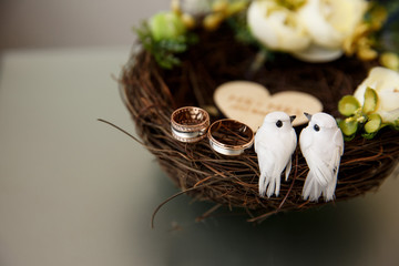 Marriage concept. Two wedding rings for bride and groom on nest near two little birds. Rustic wedding. Copy space for your design - Powered by Adobe