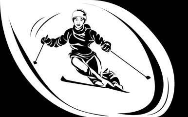 Ski resort poster with black and white character. Vector illustration.
