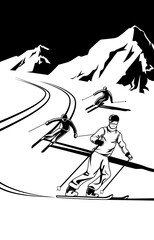 Ski recreation cartoon style poster design. Vector illustration.