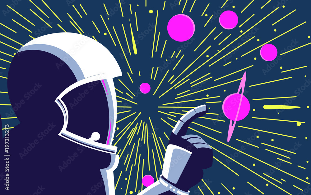 Sticker astronaut in open space with stars and planets on background. vector illustration.