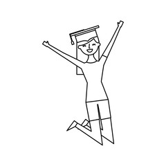 cartoon character young graduate woman jump from happiness vector illustration outline design