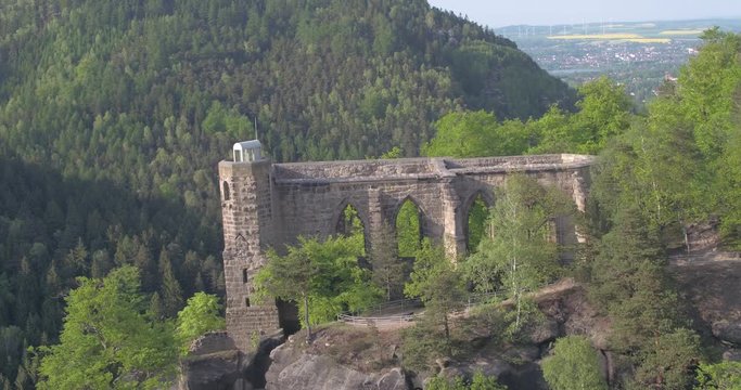 Oybin Zittauer Gebirge - Drone moving around over beautiful Landscape - Germany Saxony 4k