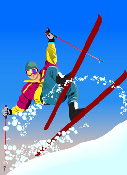 Winter poster with ski man on sky background. Vector illustration.