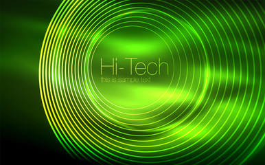 Circular glowing neon shapes, techno background. Abstract shiny transparent circles on dark technology space