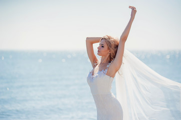 Fototapeta na wymiar Beautiful, slender bride in a silhouette wedding dress posing on the stone beach on a Sunny day. Blue sky, bright sun.