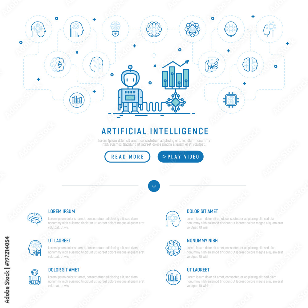 Aufkleber artificial intelligence helps to increase profit with thin line icons: robot, brain, machine learnin