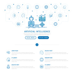 Artificial intelligence helps to increase profit with thin line icons: robot, brain, machine learning, marketing analytics, cpu, chip, voice assistant. Modern vector illustration, web page template.
