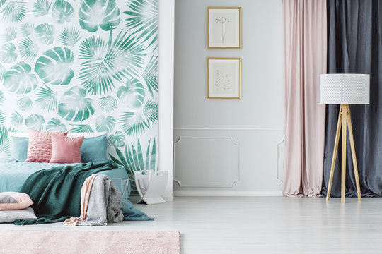 Cozy pale green and pink bedroom