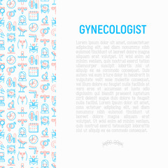 Gynecologist concept with thin line icons: uterus, ovaries, gynecological chair, pregnancy, ultrasound, sanitary napkin, test, embryo, menstruation, ovulation, vaginal expander. Vector illustration.