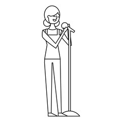 woman character singing song with microphone vector illustration outline design