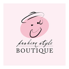 Vector artistic logo with hand drawn lady in hat portrait isolated on white background. Outline drawing. Good for women accessory & cloth boutique, cosmetic shop, girl care salon, fashion store emblem