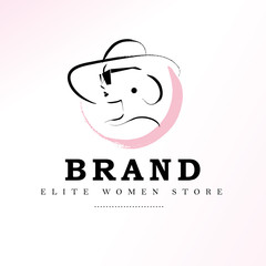 Vector artistic logo with hand drawn lady in hat portrait isolated on white background. Outline drawing. Good for women accessory & cloth boutique, cosmetic shop, girl care salon, fashion store emblem