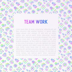 Teamwork concept with thin line icons: group of people, mutual assistance, meeting, handshake, tug-of-war, cooperation, puzzle, team spirit, cooperation. Vector illustration for banner, print media.