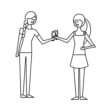 two happy girls making a toast with the glasses vector illustration outline design