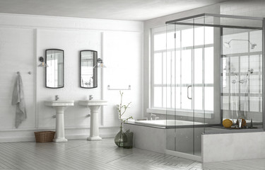 Naklejka na ściany i meble Fresh white spacious modern bathroom interior