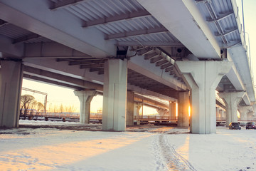 Russian railway at sunset in winter