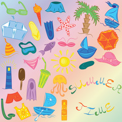 Summer Time. Hand Drawings of Summer Symbols. Colorful Doodle Boats, Ice cream, Palms, Hat, Umbrella, Jellyfish, Cocktail, Sun. Vector Illustration.