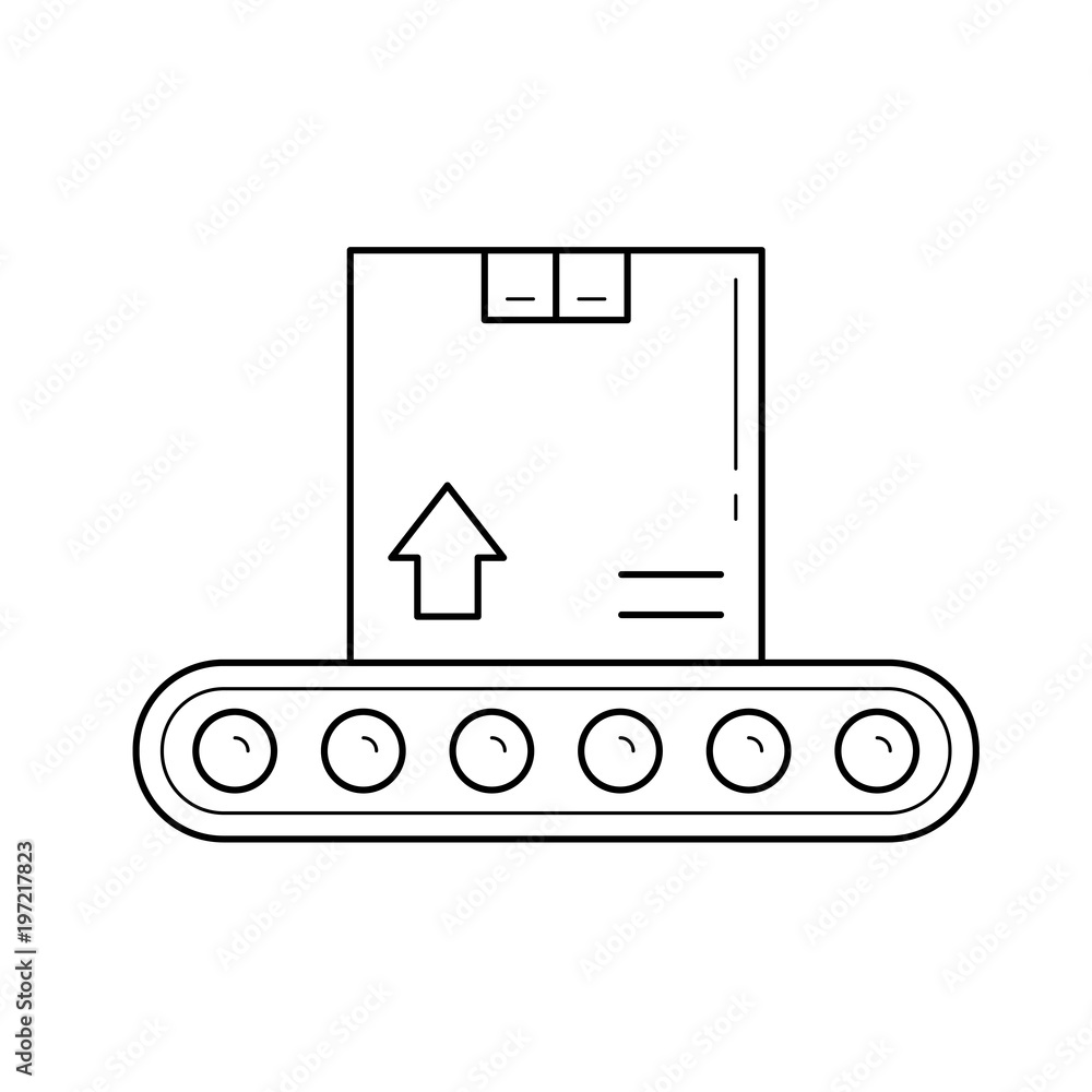 Poster factory conveyor with parcel vector line icon isolated on white background. automatic belt with parc
