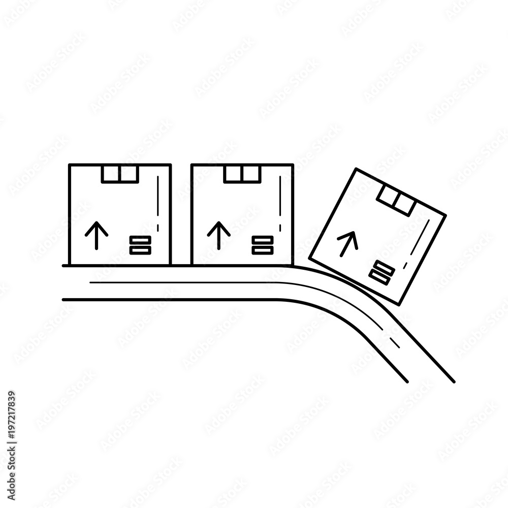 Poster factory conveyor with parcel vector line icon isolated on white background. automatic belt with parc