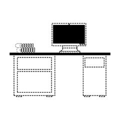 office desk with computer and stack books vector illustration dotted line
