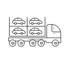 Car carrier vector line icon isolated on white background. Transportation of new cars on an auto transport carrier line icon for infographic, website or app.