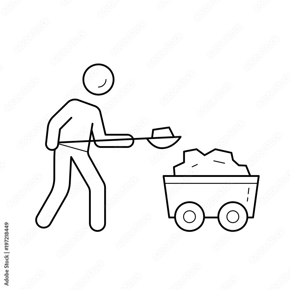 Poster black mining vector line icon isolated on white background. man working in mining industry line icon