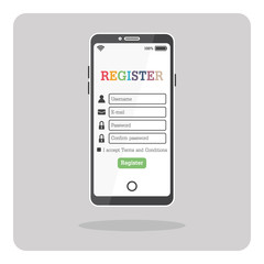 Vector design of flat icon, Mobile phone with register form page on isolated background.