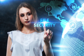 The concept of business, technology, the Internet and the network. A young entrepreneur working on a virtual screen of the future and sees the inscription: File security