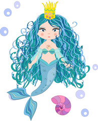 Cartoon beautiful little mermaid in a wreath. Siren. Sea theme. vector illustration on a white background.