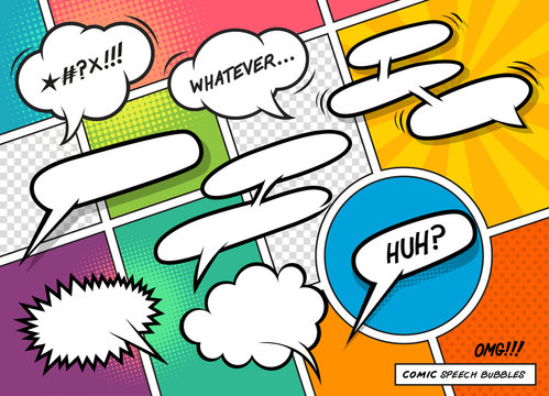 A collection of fun cartoon speech bubbles on a colourful background. Vector illustration